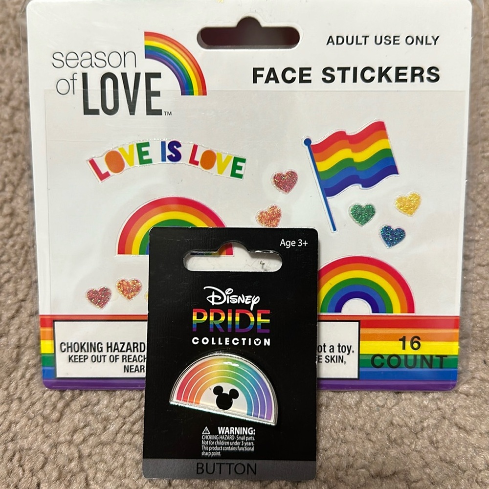 Disney Pride Button w/ Bonus Face Stickers! 🌈🌈🌈
